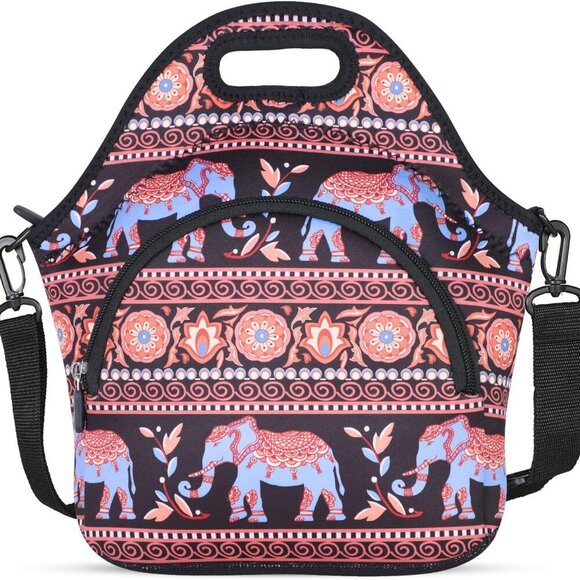 Neoprene Lunch Bag with Pocket Shoulder Strap for Women Men - Elephant Food Hand - Picture 1 of 6